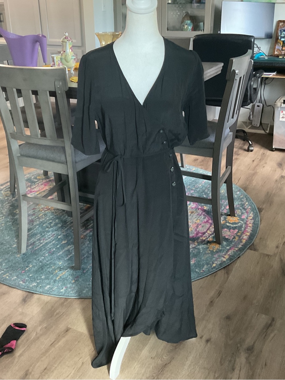 GAP Black Wrap-Style Midi Dress with Tie Waist